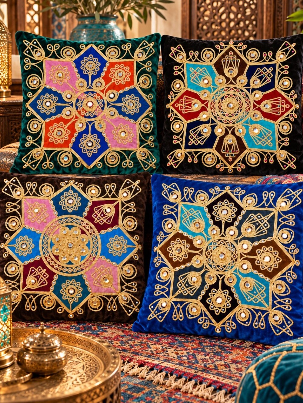 Vintage Velvet Embroidered Pillow Covers Set of 4 Jewel Tone Gold Mirror Work